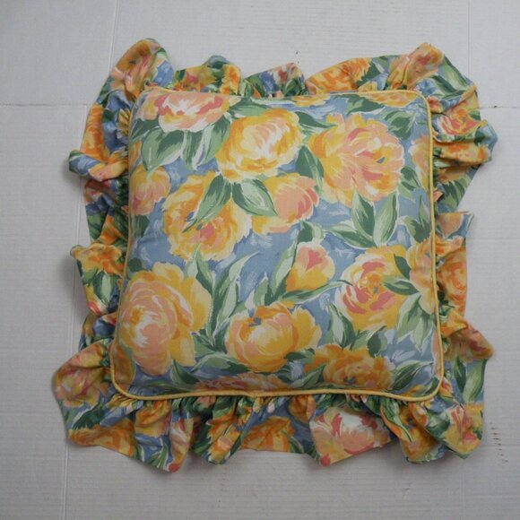 New Vintage Croscill Fiesta Floral Ruffled Accent Pillow Yellow Blue USA 16” GUC - Picture 1 of 3